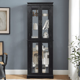 Lighted Glass Curio Display Cabinet,Display Cabinet,Glass Storage Cabinet Glass Wine Cabinet Wood Frame Toy Display For Living Room, Kitchen, Pan (Color: Black)